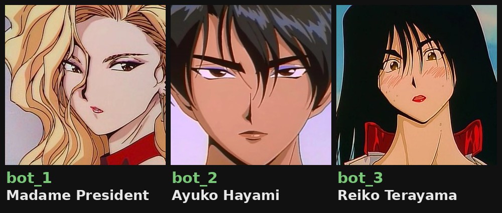 Three Golden Boy character portraits labelled bot_1 Madame President, bot_2 Ayuko Hayami, bot_3 Reiko Terayama