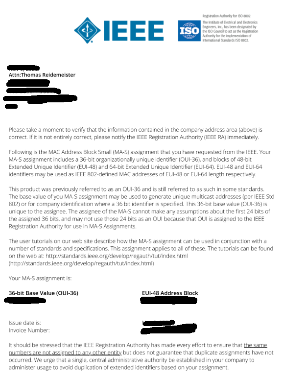 An IEEE MA-S registration certificate for a 4095-address MAC block